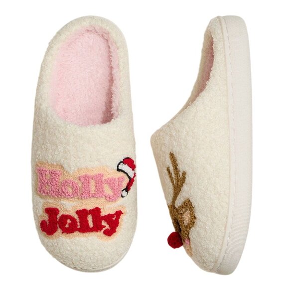 2/$30 Holly Jolly Reindeer Size 6 Fuzzy Christmas Slippers - Picture 3 of 11